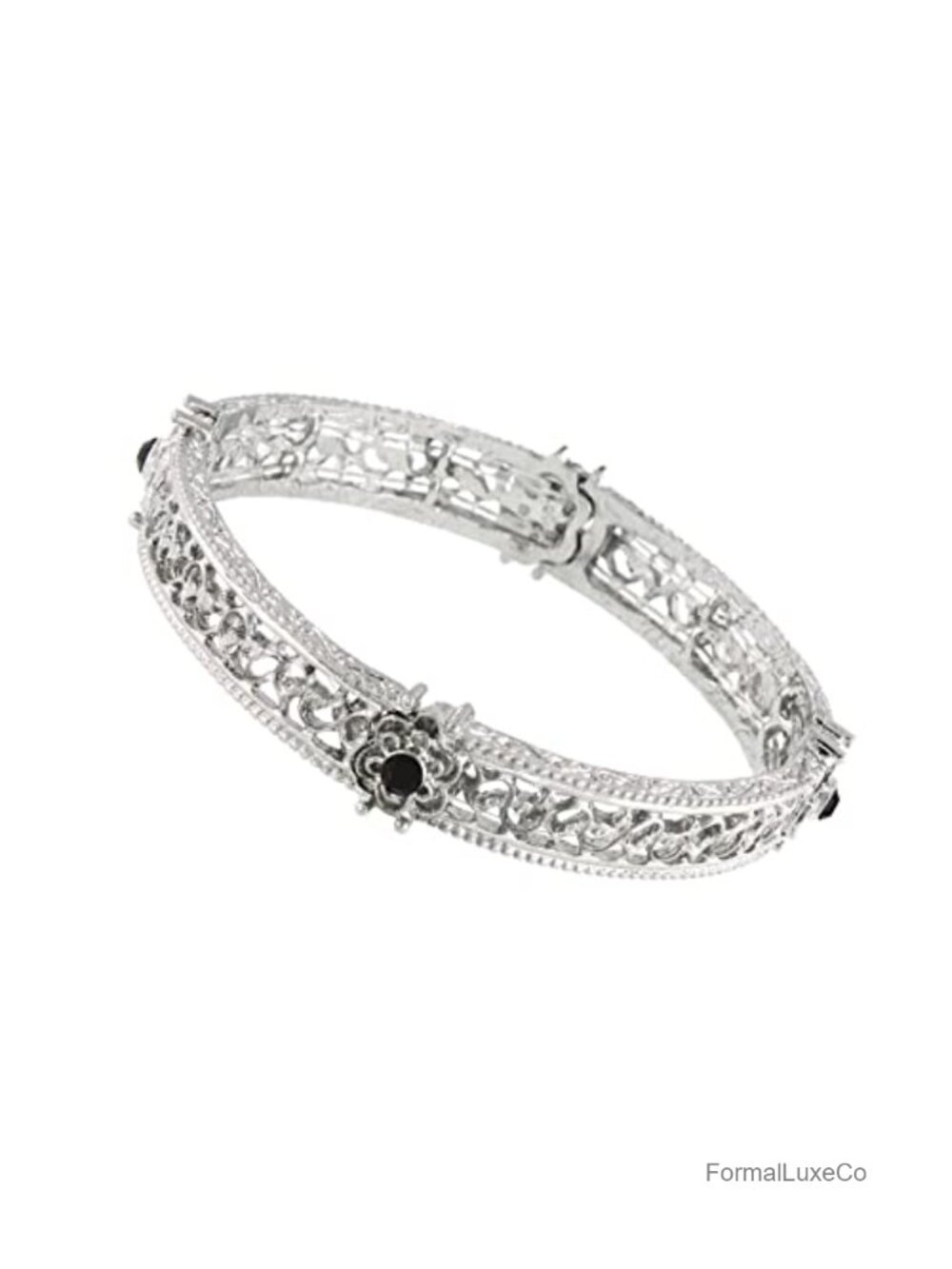 Vintage Filigree Crystal Flower Stretch Bracelet Silver Tone